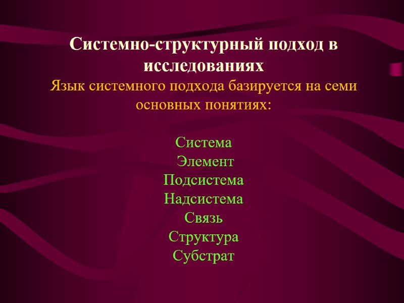 Системно-структурный подход в исследованиях Язык системного подхода базируется на семи основных понятиях:  
